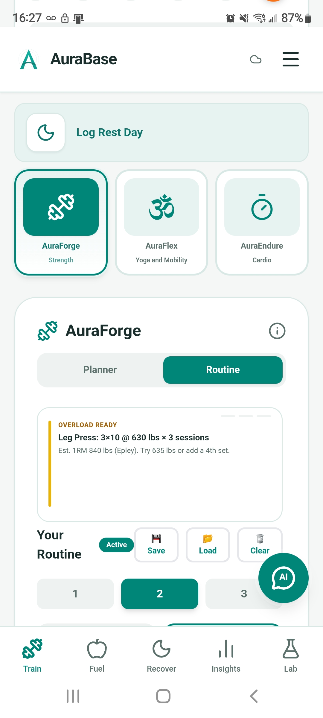 AuraForge personal strength routine and training insight
