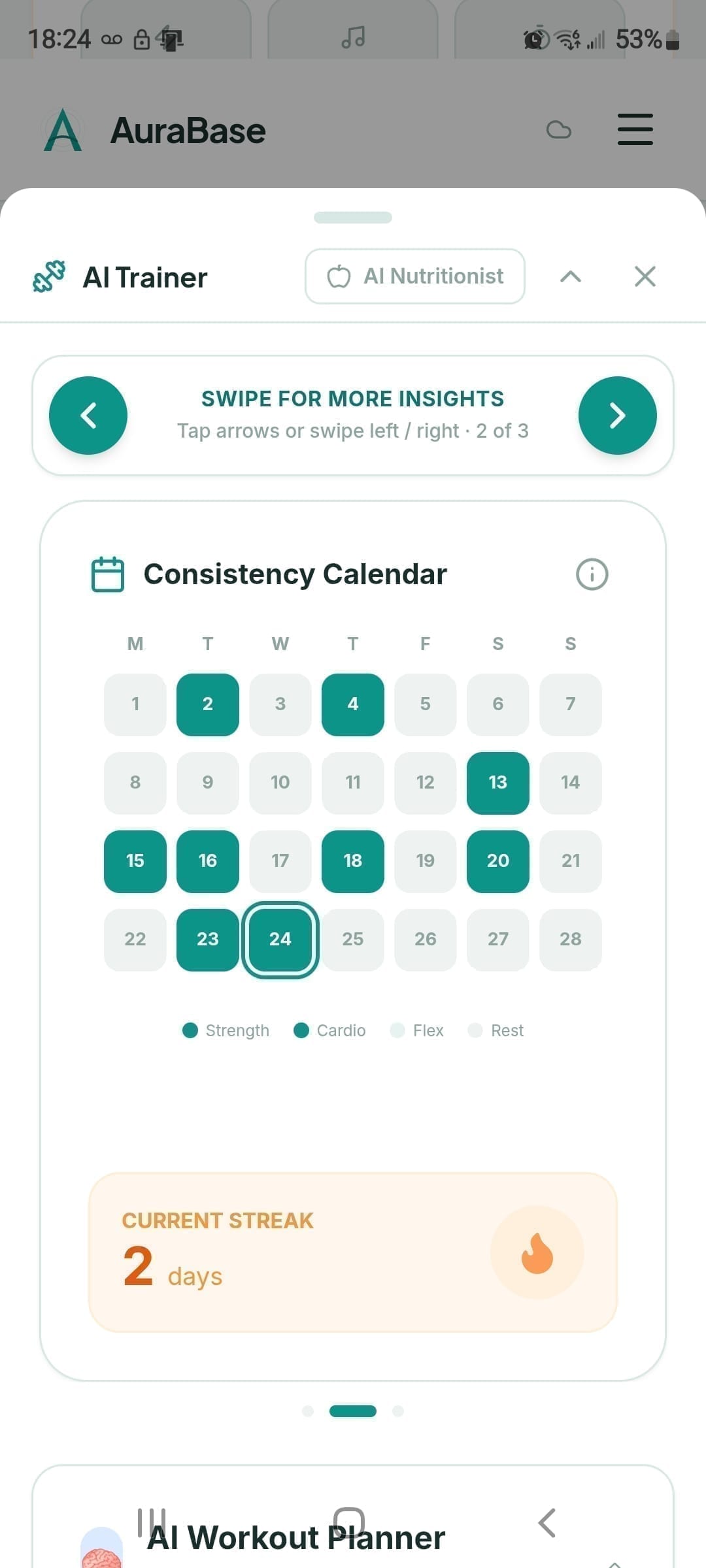 AuraBase training consistency calendar